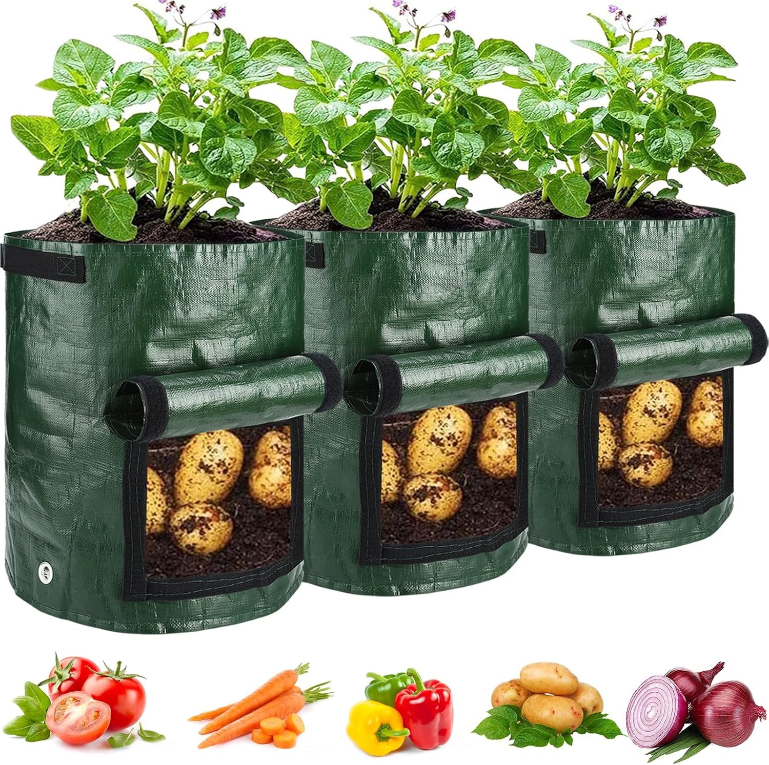 Potato Grow Bags, 3 Pack 10 Gallon with Flap and Handles Planter Pots for Onion, Fruits, Tomato, Carrot - Green
