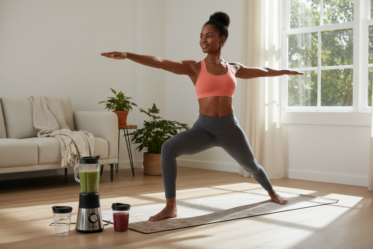 African American woman doing yoga with smoothie blender