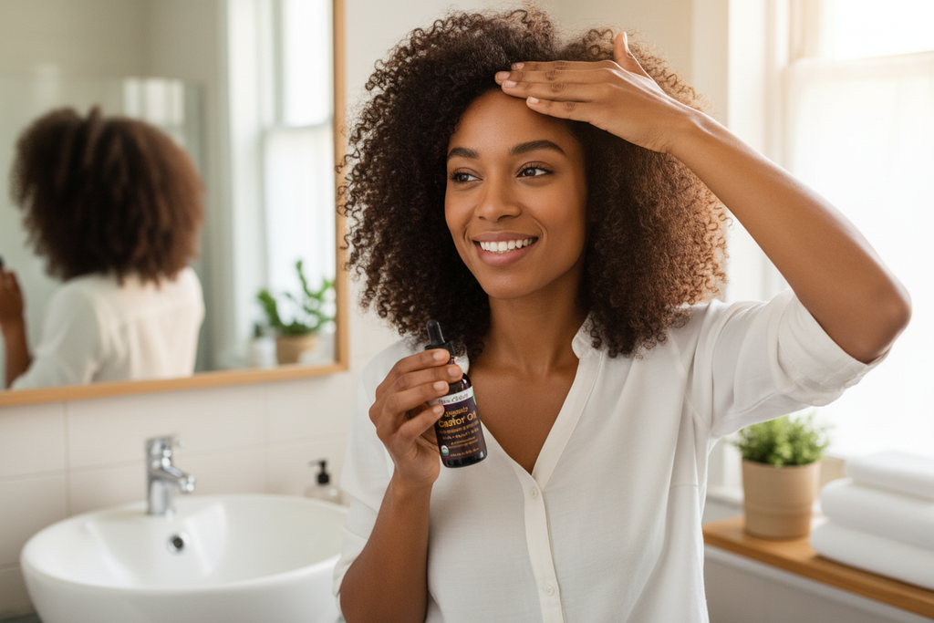 African American woman with castor oil for hair