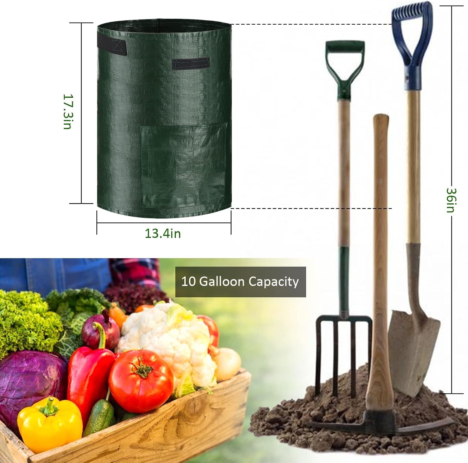 Potato Grow Bags, 3 Pack 10 Gallon with Flap and Handles Planter Pots for Onion, Fruits, Tomato, Carrot - Green