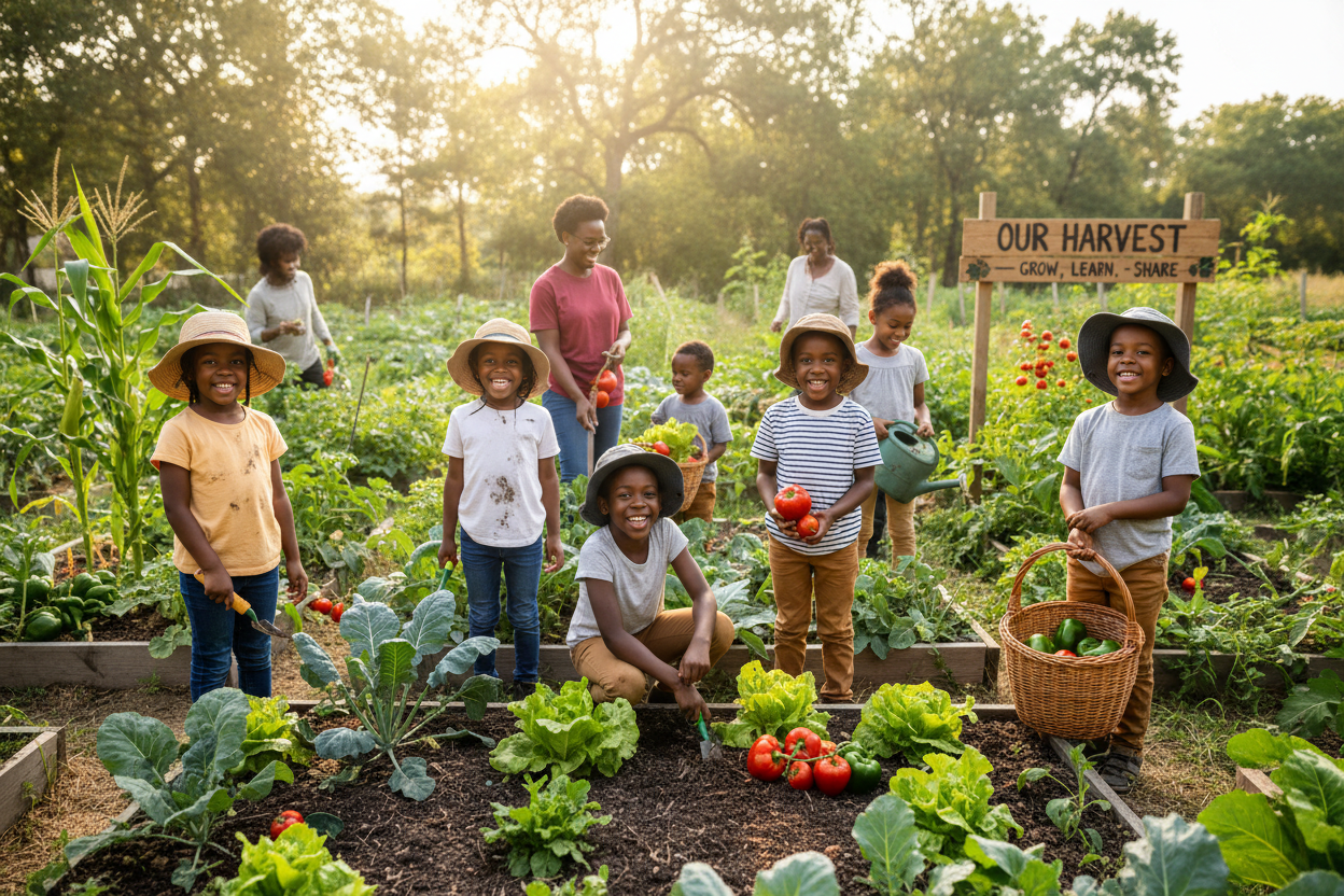 Black kids gardening in a food garden