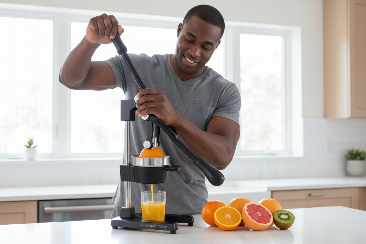 Black man using manual press juicer